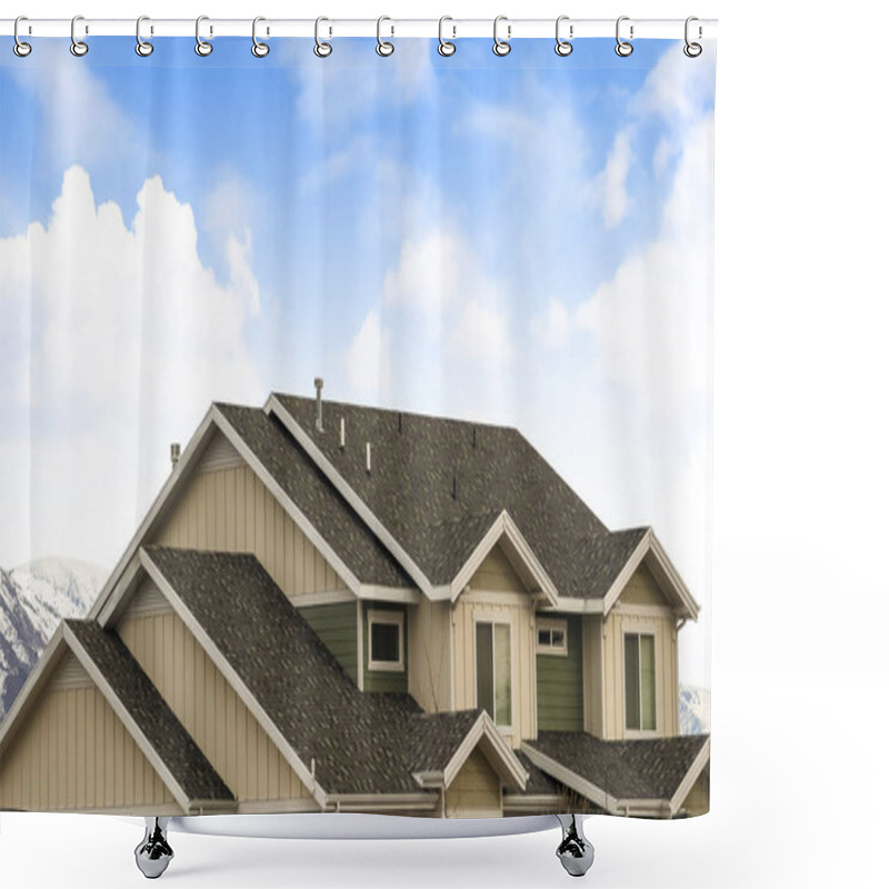 Personality  Panorama Frame House Exterior With View Of The Dark Pitched Roof Against A Cloudy Blue Sky Shower Curtains