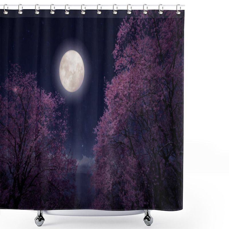 Personality  Romantic Night Scene - Beautiful Cherry Blossom (sakura Flowers) In Night Skies With Full Moon. Fantasy Style Artwork With Vintage Color Tone. Shower Curtains