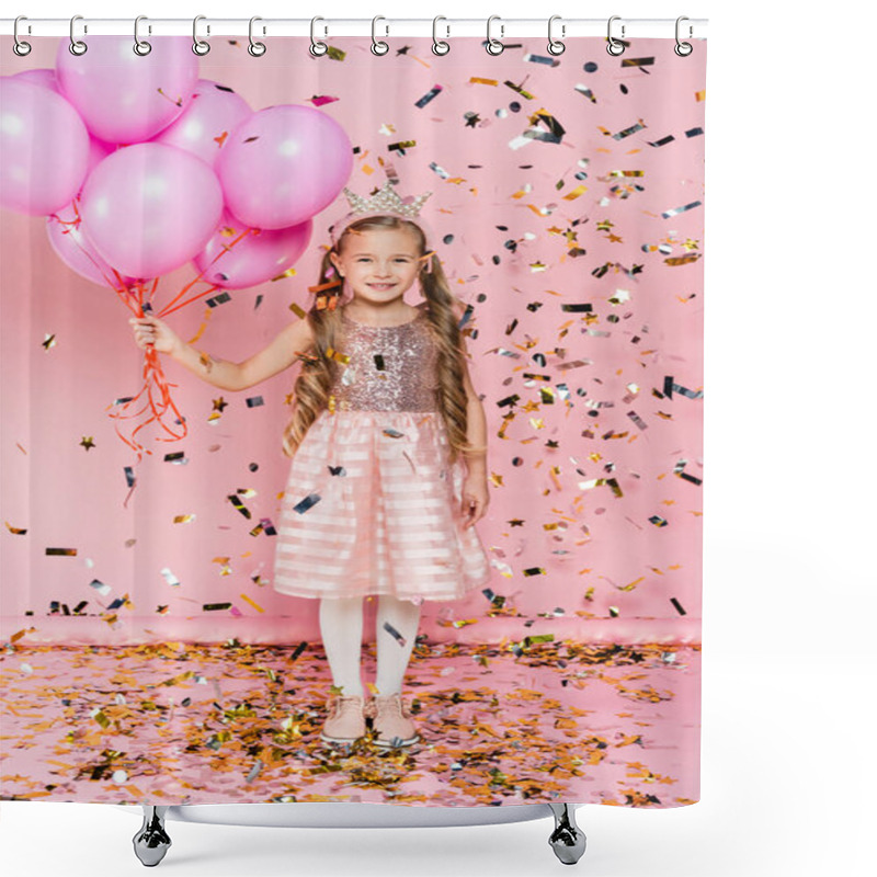 Personality  Full Length Of Happy Little Girl In Crown Holding Balloons Near Falling Confetti On Pink  Shower Curtains