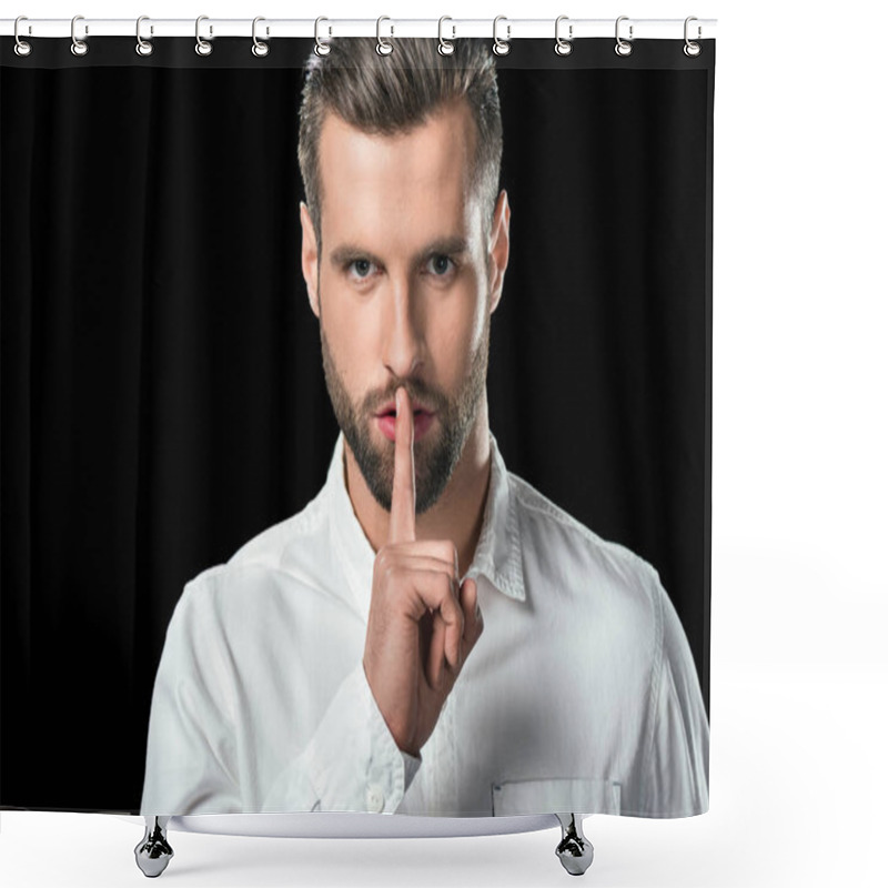 Personality  Handsome Businessman In White Shirt With Hush Sign, Isolated On Black Shower Curtains