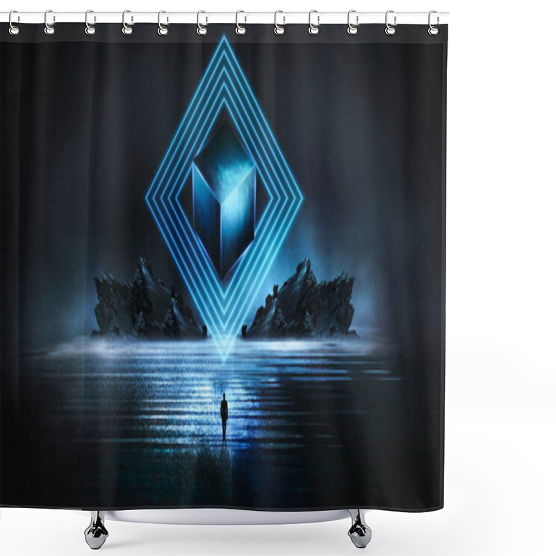 Personality  Futuristic Night Landscape With Abstract Forest Landscape. Dark Natural Forest Scene With Reflection Of Moonlight In The Water, Neon Blue Light. Dark Neon Circle Background, Dark Forest, Deer, Island. Shower Curtains