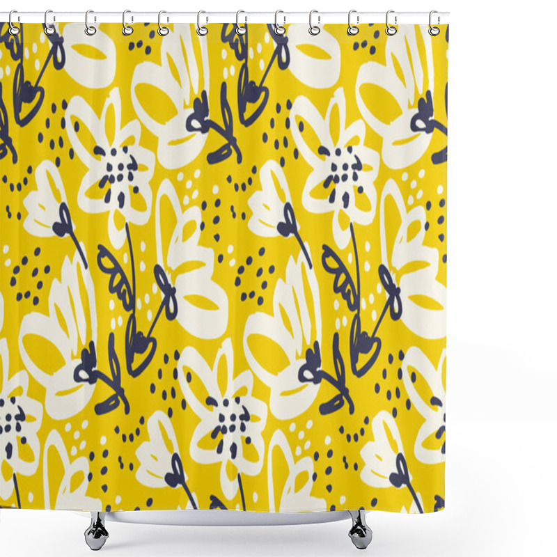 Personality  Vector Seamless Pattern For Surface Design. Freehand Illustration With Flower In Vivid Yellow Color. Shabby Floral Design Element For Card, Header, Invitation.  Shower Curtains