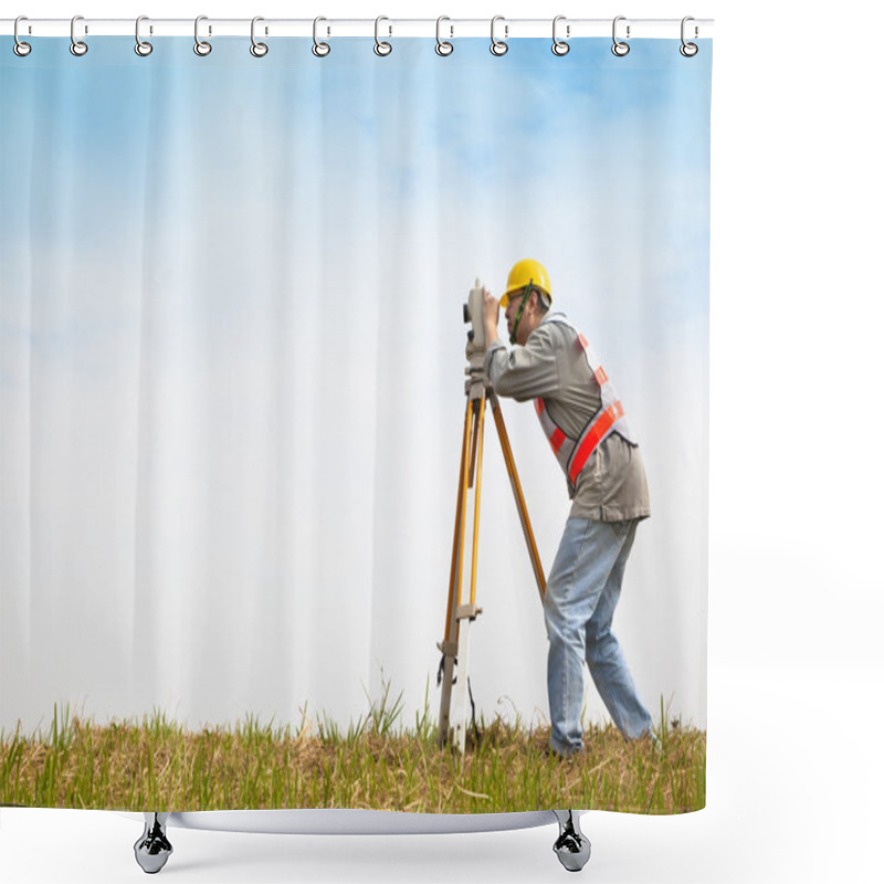 Personality  Surveyor Engineer Making Measure On The Field Shower Curtains