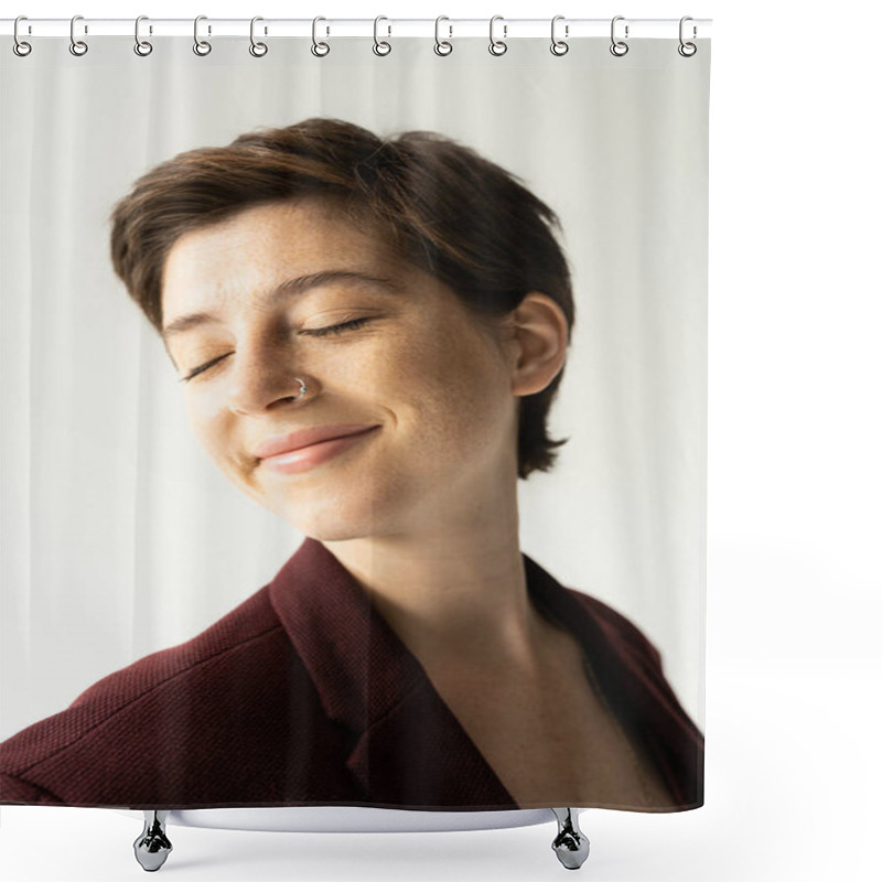 Personality  Portrait Of Happy Young Woman With Short Brunette Hair Smiling With Closed Eyes Isolated On Grey Shower Curtains