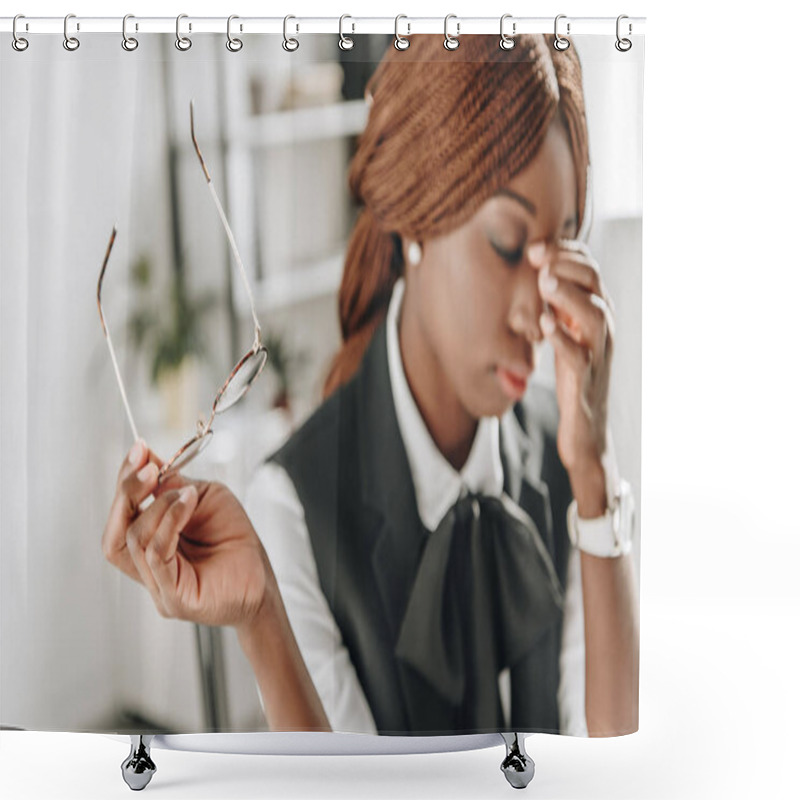 Personality  Sick African American Adult Businesswoman Touching Her Forehead And Feeling Unwell At Workplace Shower Curtains