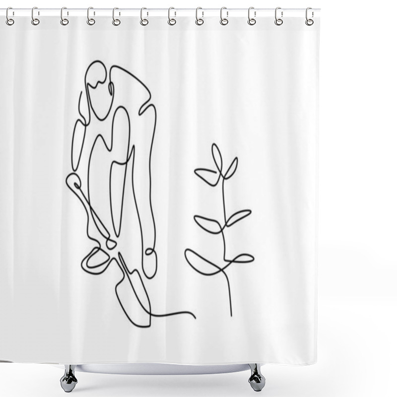 Personality  Single Continuous Line Drawing Young Man Digging Ground Using Shovel And Plant A Sprout Or Seedlings. Back To Nature Theme. Protect Our Planet Earth Minimalist Design Vector Graphic Illustration Shower Curtains