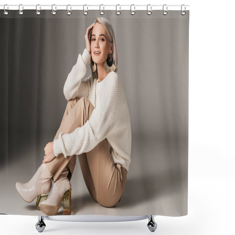 Personality  Elegant Fashionable Woman Posing In White Sweater And Autumn Heels, On Grey  Shower Curtains