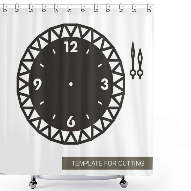 Personality  Openwork Dial With Arrows And Arabic Numerals. Silhouette Of Clock On White Background. Decor For Home. Template For Laser Cutting, Wood Carving, Paper Cut And Printing. Vector Illustration. Shower Curtains