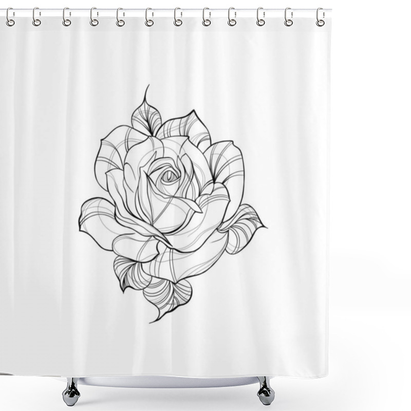 Personality  Detailed Sketch Of A Rose Flower Tattoo. Decorative Elements For Tattoo, Greeting Card, Wedding Invitation In Engraving Style. Shower Curtains