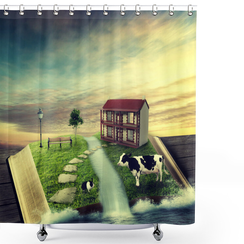 Personality  Magic Opened Book With Family Home, Covered With Grass Shower Curtains