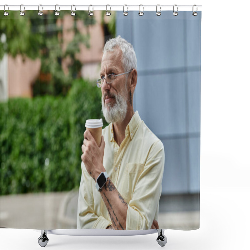 Personality  Middle-aged Man With Beard, Glasses Holds Coffee, Gazes At Modern Building, Enjoying View Shower Curtains