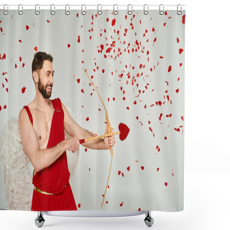 Personality  Smiling Bearded Cupid Man Archering With Heart-shaped Arrow Under Red Confetti, Saint Valentines Day Shower Curtains