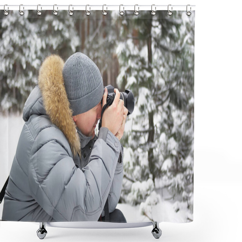 Personality  Winter Forest Man Photographer Shower Curtains