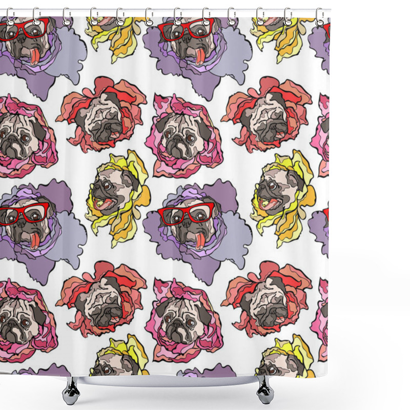 Personality  Dog. Pug. Flower. Seamless Vector Pattern (background). Shower Curtains