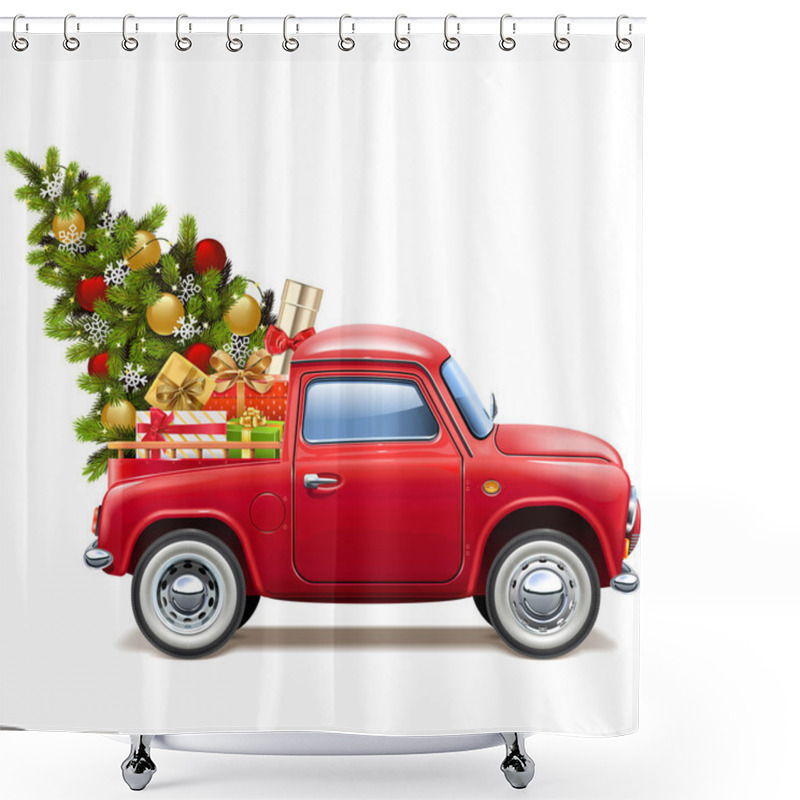 Personality  Vector Christmas Red Pickup Isolated On White Background Shower Curtains