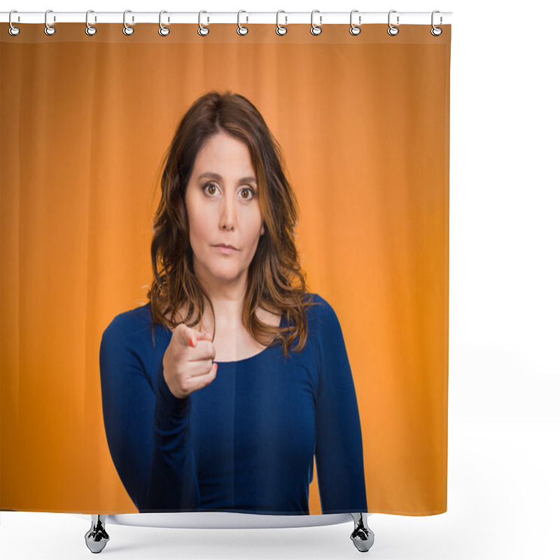 Personality  Serious Woman Pointing Finger At Someone, Blaming Shower Curtains