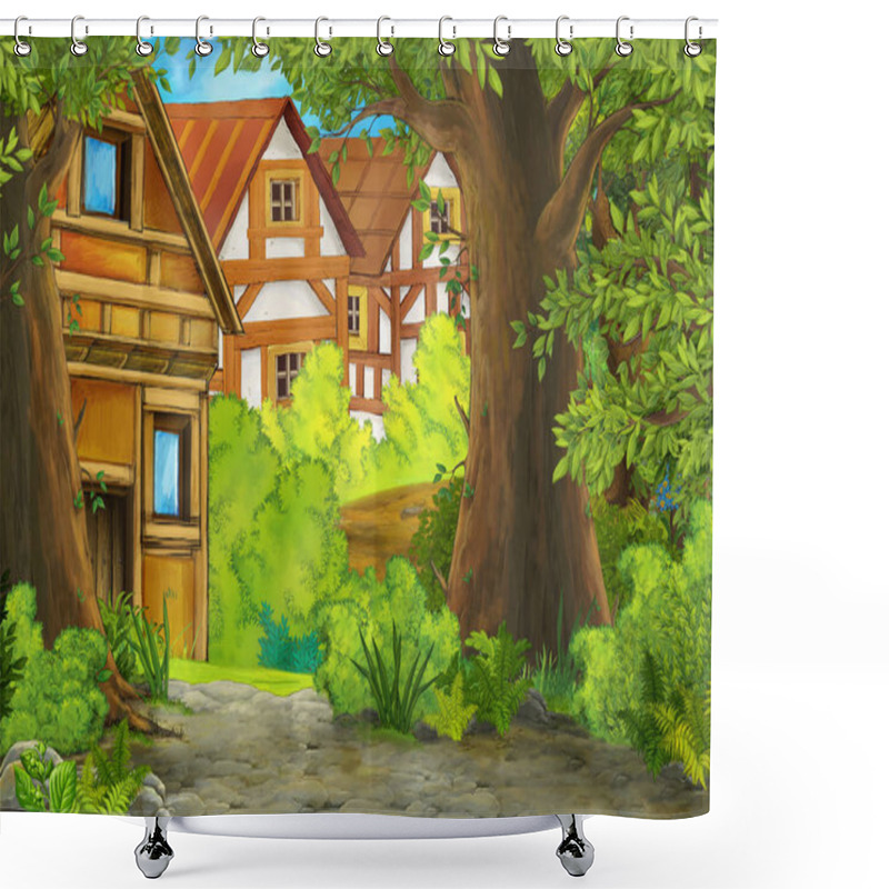 Personality  Cartoon Summer Scene With Path To The Farm Village - Nobody On The Scene - Illustration For Children Shower Curtains