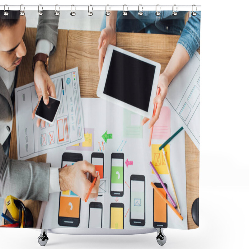 Personality  Overhead View Of Designers Using Gadgets While Planning User Experience Design Of Mobile Website At Table Isolated On Grey Shower Curtains