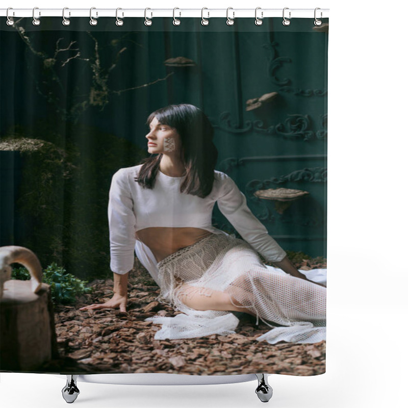 Personality  A Woman In White Clothing Sits In A Swampy Environment. Shower Curtains