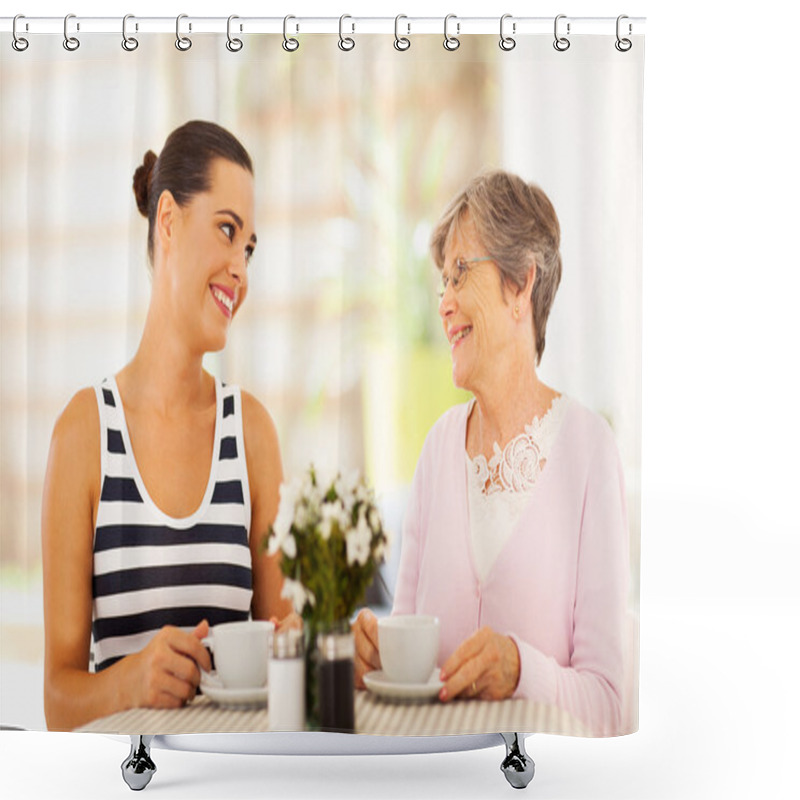 Personality  Young Woman Visiting Senior Mother And Having Coffee Together Shower Curtains