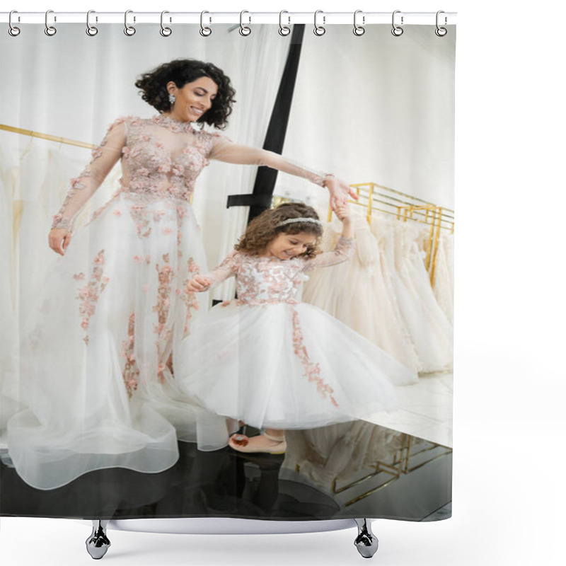 Personality  Happy Middle Eastern Woman In Floral Wedding Dress Dancing With Smiling Girl In Cute Attire With Tulle Skirt In Bridal Salon, Shopping, Special Moment, Mother And Daughter, Happiness  Shower Curtains