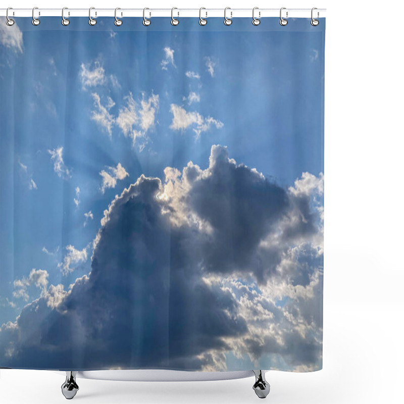 Personality  Dramatic Sky Scene With Sunset, Solar Flare Effect, Vibrant Streaks Of Light, Ethereal Clouds, Large Fluffy Irregularly Shaped Clouds, Architectural Element In The Foreground, Urban Context, Blue, Gr Shower Curtains