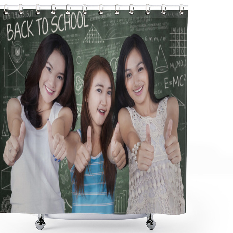 Personality  Group Of Female Students With Thumbs Up Shower Curtains