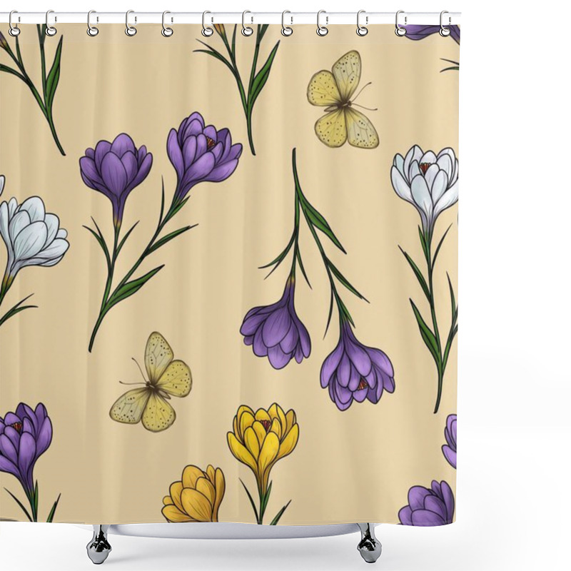 Personality  Seamless Pattern Of Spring Crocuses In Purple, White, And Yellow With Soft Yellow Butterflies In Big Design On Pastel Yellow Background Shower Curtains