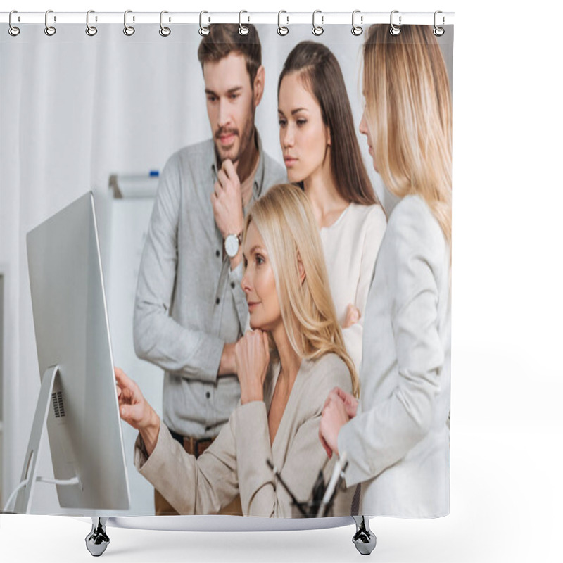 Personality  Mature Business Mentor Pointing At Desktop Computer And Working With Young Colleagues In Office Shower Curtains