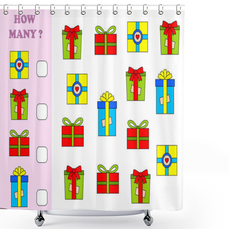 Personality  How Many Objects Task. Educational Math Game For Preschool Children. Counting Game For Kids. Christmas. Gifts. Shower Curtains