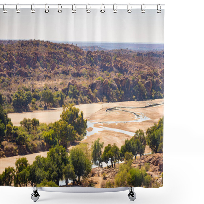 Personality  River Crossing The Desert Landscape Of Mapungubwe National Park, Travel Destination In South Africa. Braided Acacia And Huge Baobab Trees With Red Sandstone Cliffs. Shower Curtains