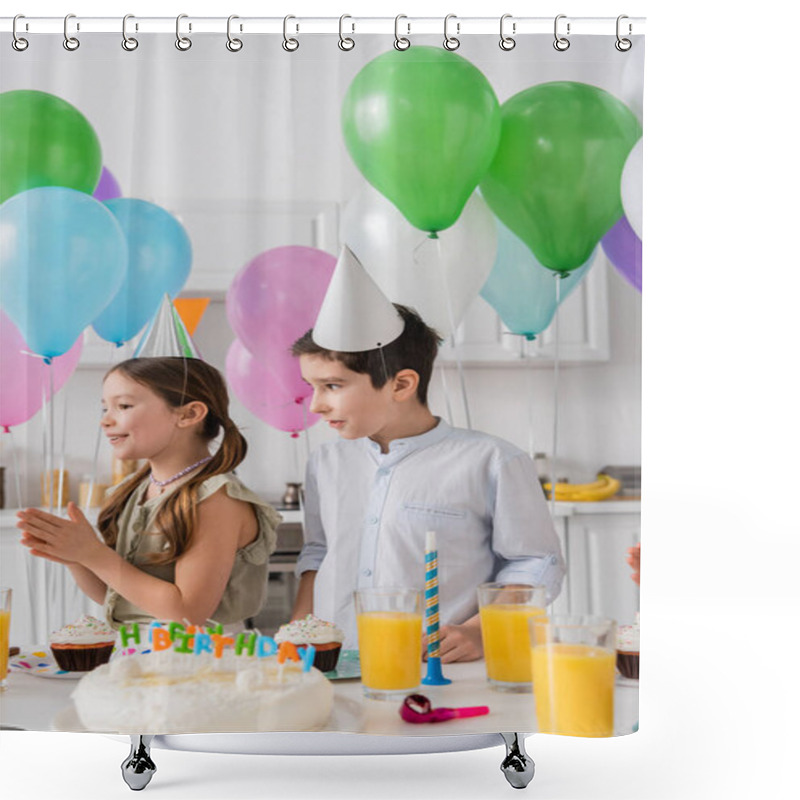 Personality  Cheerful Girl And Boy Standing Near Birthday Cake With Candles Next To Balloons  Shower Curtains