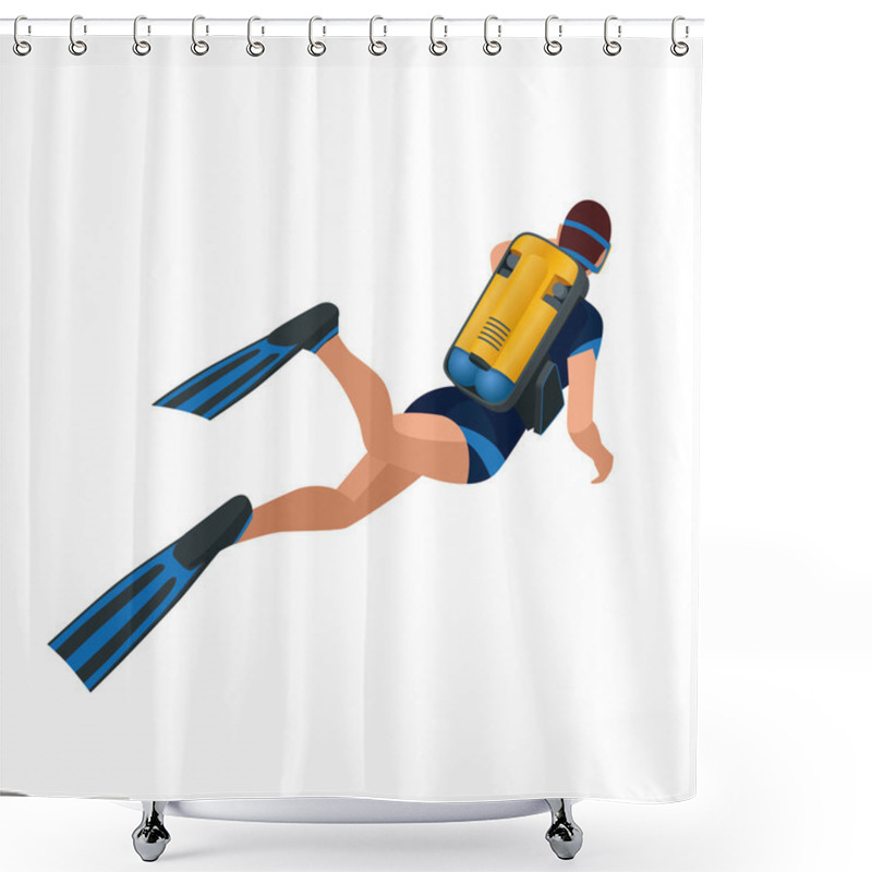 Personality  Scuba Diver Diving Man Back View. Scuba Diving Flat 3d Isometric Vector Illustration. Scuba Diver Swimming Under Water. Shower Curtains