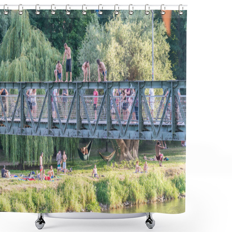 Personality  Regensburg, Bavaria, Germany, June 30, 2019, A Group Of Young People Want To Jump From A Bridge Into The River Danube In Regensburg During Citizen Festival 2019, Germany Shower Curtains