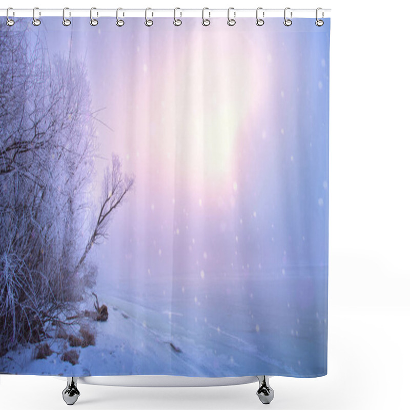 Personality  Winter Landscape: Frozen River Bank Covered With Snow At Sunrise. Panoramic Photo With Pink Reflection Of Light On The Ice Surface. For Winter Postcards, Calendars And Travel Projects Design Shower Curtains