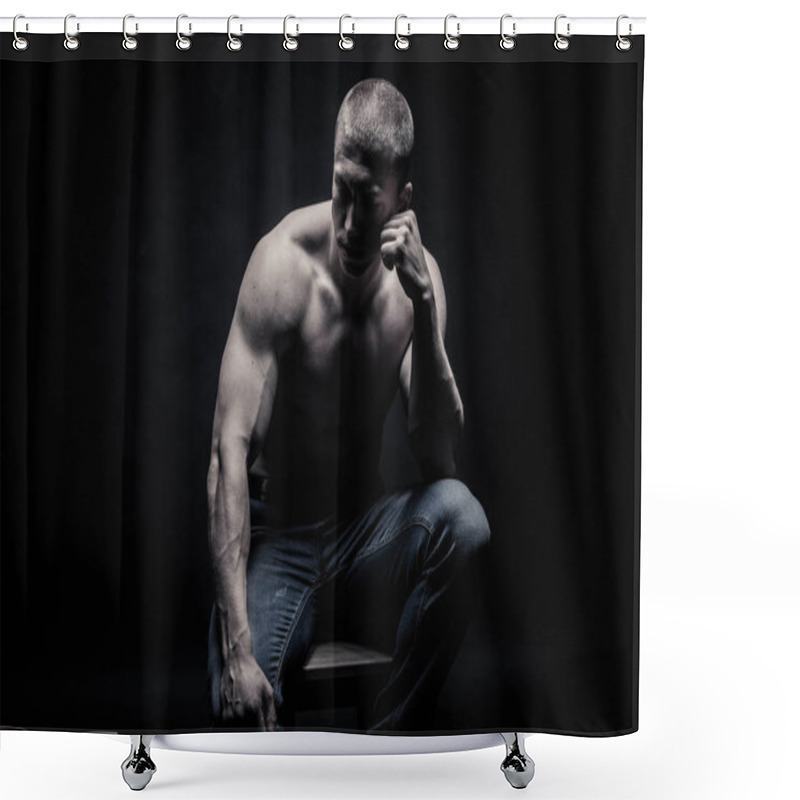 Personality  Portrait Of A Seated Male Bodybuilder, On A Black Background Iso Shower Curtains