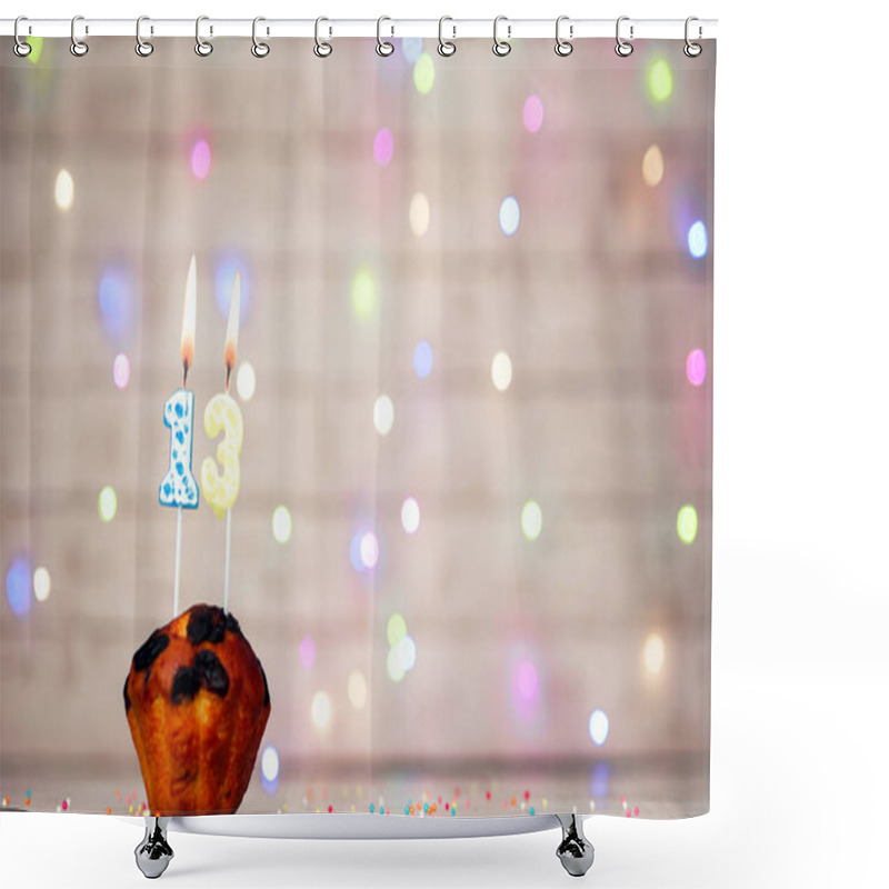 Personality  Happy Birthday Background With Muffin And Number Of Candles On Light Bulbs Bokeh Background. Greeting Card Happy Birthday Copy Space With Number 13 Shower Curtains