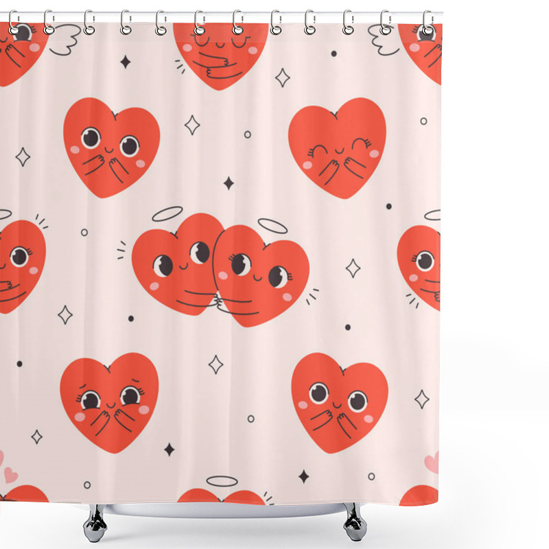 Personality  Geometric Seamless Pattern With Cute Kawaii Heart Characters. Valentines Day Posters, Cards, Gift Wrapping, Social Media Design. Vector Illustration In Flat Style Shower Curtains