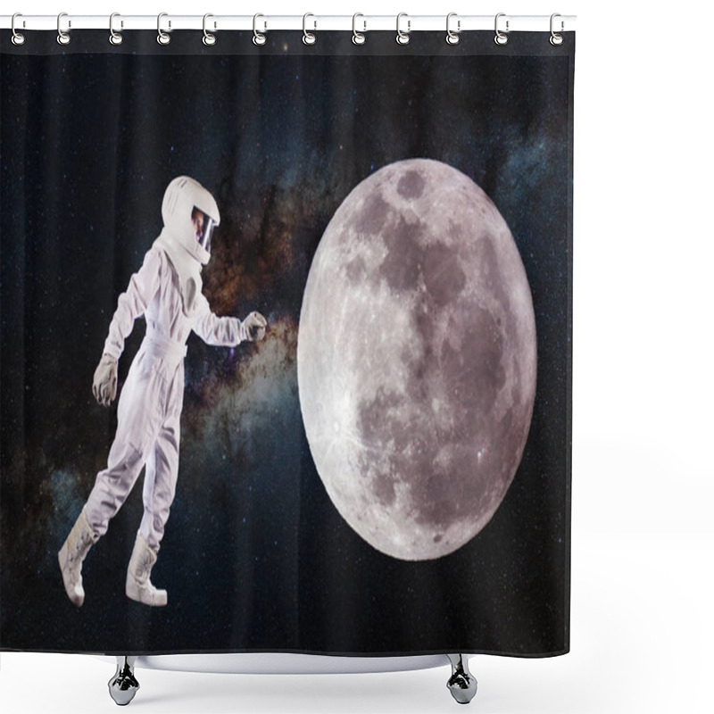 Personality  Astronaut In Space And Moon Exploration. Concept, Astronaut Pulls His Hand To The Lunar Surface Shower Curtains