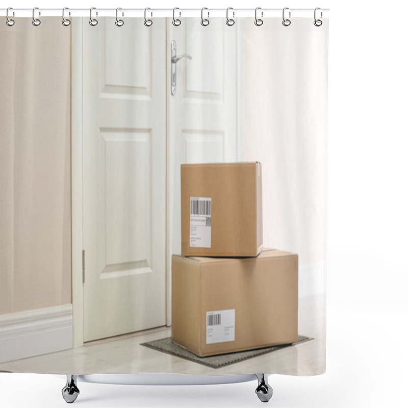 Personality  Parcels On Rug Near Door. Delivery Service Shower Curtains