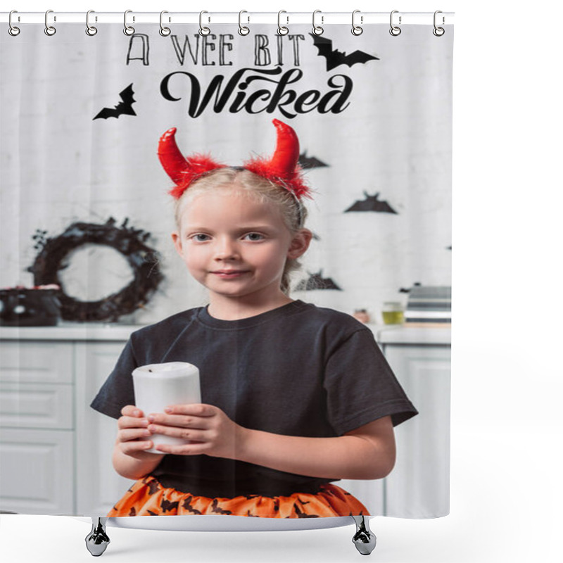 Personality  Portrait Of Little Kid With Red Devil Horns Holding Candle In Hands At Home, Halloween Holiday Concept With 