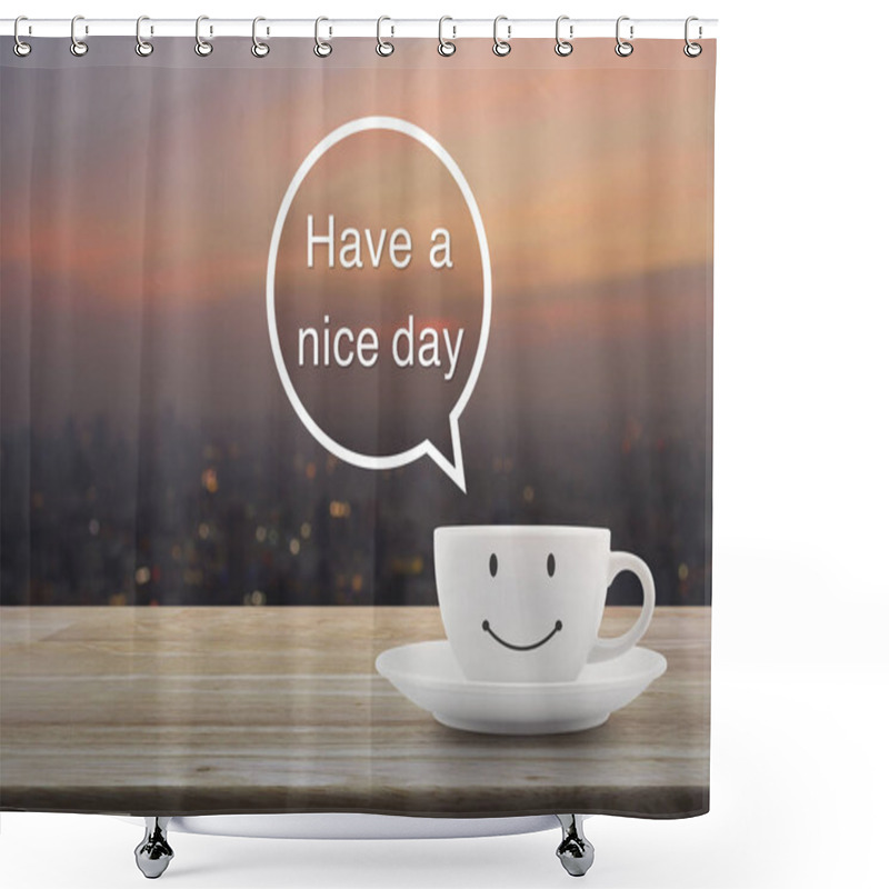 Personality  Happy Smile White Coffee Cup On Wooden Table Over Blur Cityscape Shower Curtains