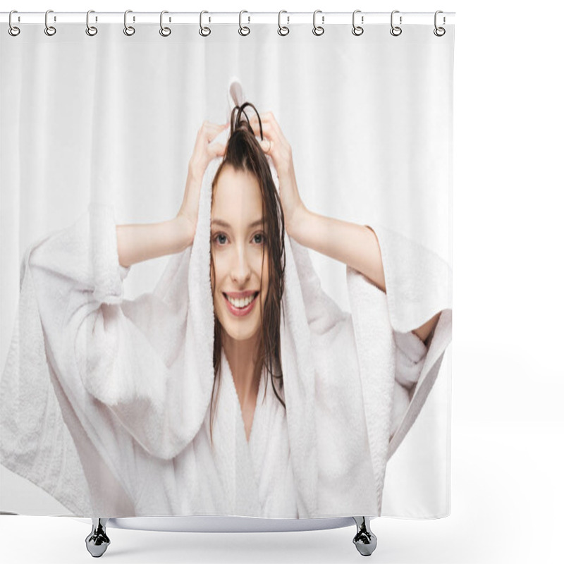 Personality  Happy Girl Wiping Wet Clean Hair With White Terry Towel While Smiling At Camera Isolated On White Shower Curtains