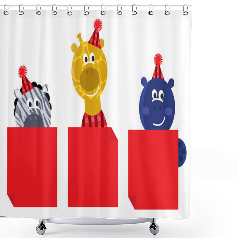 Personality  Cute Safari Animals With Red Christmas Banners Shower Curtains