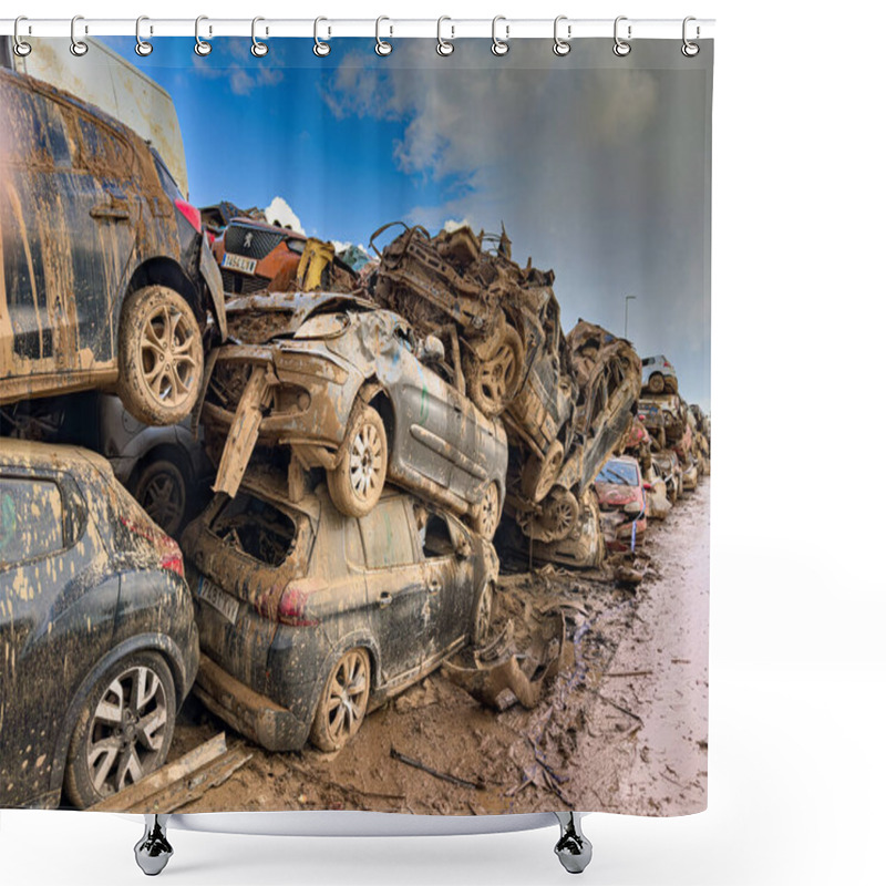 Personality  CATARROJA, VALENCIA SPAIN - DECEMBER 4 2024: After The Dana Floods In Valencia Province On October 29th 2024 Left Massive Wrecked Cars, Impacting Countless Families, Claiming Over 200 Human Lives. Shower Curtains