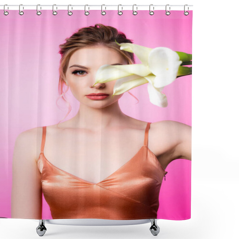 Personality  Elegant Beautiful Blonde Woman Holding Calla Flowers In Front Of Face Isolated On Pink Shower Curtains