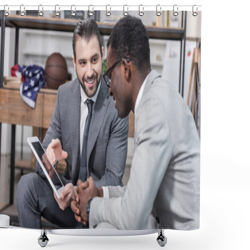 Personality  African American Businessman Looking At Business Partners Digital Tablet In Office Shower Curtains