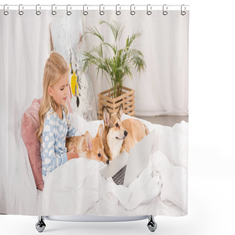 Personality  Cute Child Lying In Bed With Corgi Dogs And Using Laptop At Home Shower Curtains