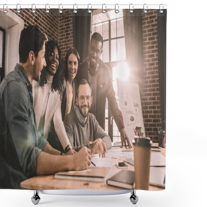 Personality  Smiling Multiethnic Group Of Colleagues Working Together On New Project In Modern Loft Office With Backlit Shower Curtains