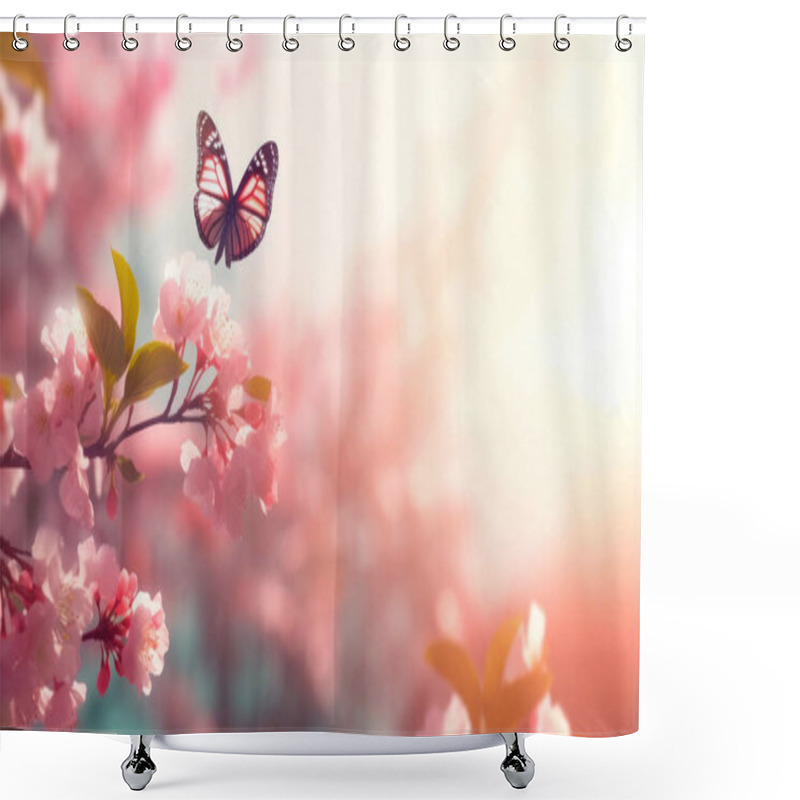 Personality  Spring Background With Pink Blossom And Fly Butterfly. Beautiful Nature Scene With Blooming Tree And Sun Flare Shower Curtains